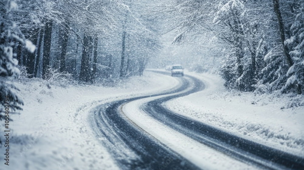 Snow covered road winding through a stunning frosty forest Intense snowfall impacts visibility as vehicles travel through the winter storm Snow covered road winding through a stunning frosty forest Intense snowfall impacts visibility as vehicles travel through the winter storm