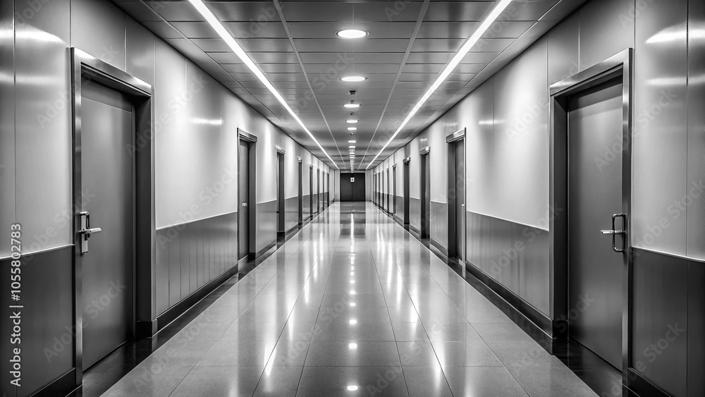 Large and empty hallway in black and white point of view