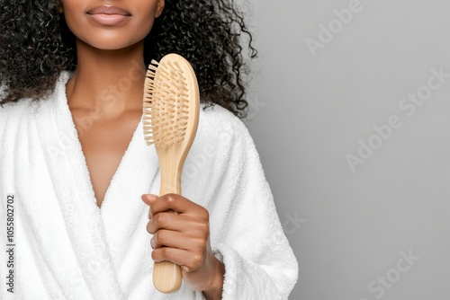 Young woman holding wooden hairbrush and pulling damaged hair isolated on grey background