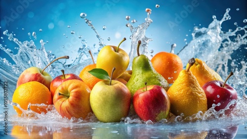 Fresh Fruit Splash Vibrant Pears, Apples, Orange Fruits in Refreshing Water