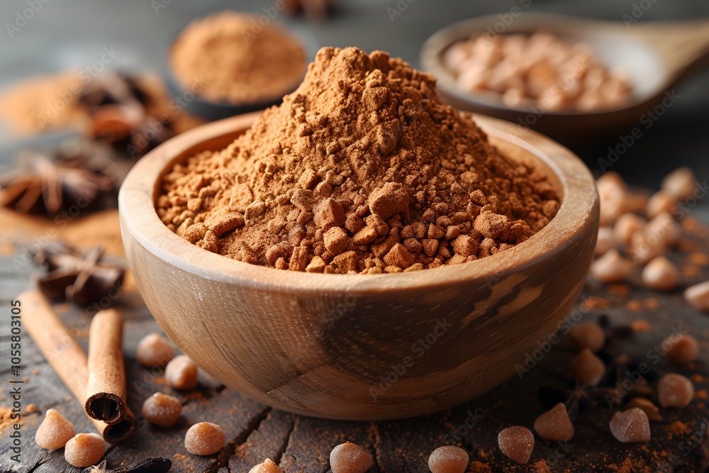 Aromatic Ground Spices in Wooden Bowl for Culinary Use and Recipes Aromatic Ground Spices in Wooden Bowl for Culinary Use and Recipes