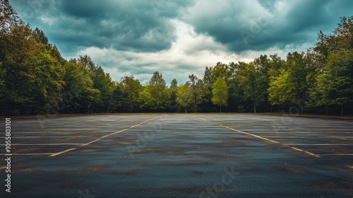 Fototapeta Naklejka Na Ścianę i Meble -  Empty outdoor parking lot surrounded by trees under a cloudy sky