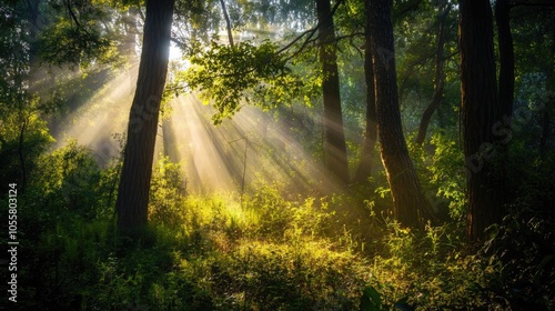 Sunlight Streamed Through Trees onto Lush Forest Underbrush