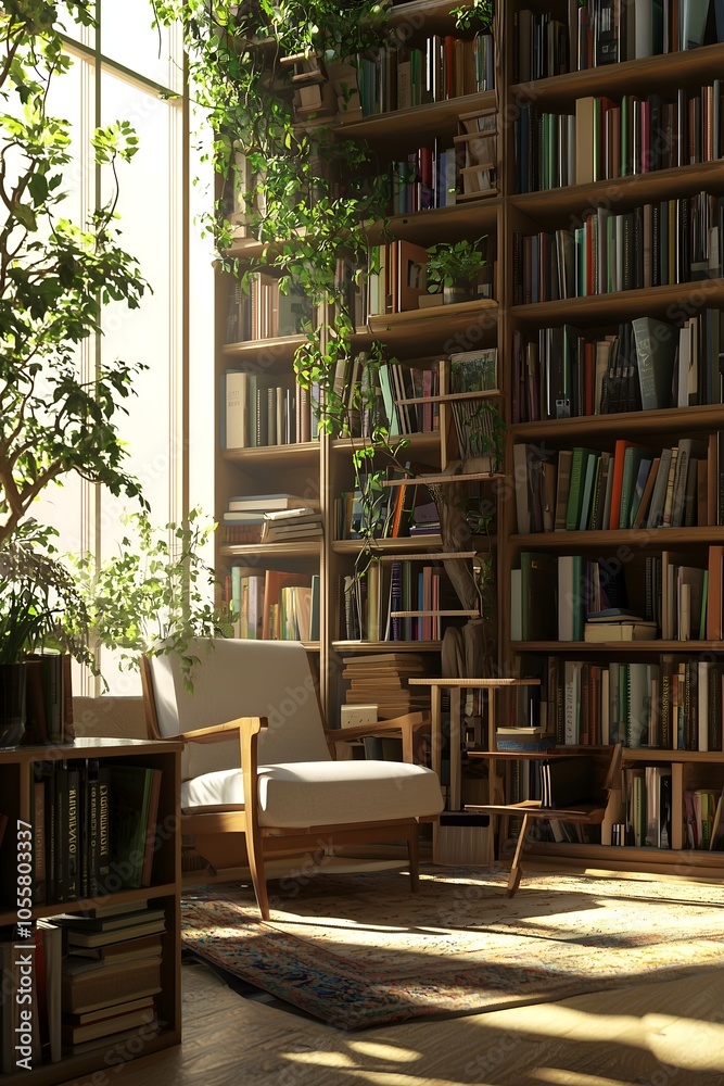 Charming cozy reading area, with shelves of books, plants and welcoming atmosphere for book lovers, in vintage style. 