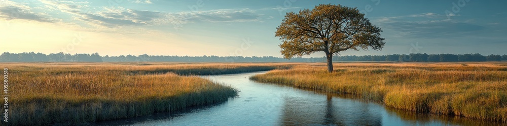Serene landscape with a river and solitary tree at sunrise. Serene landscape with a river and solitary tree at sunrise.