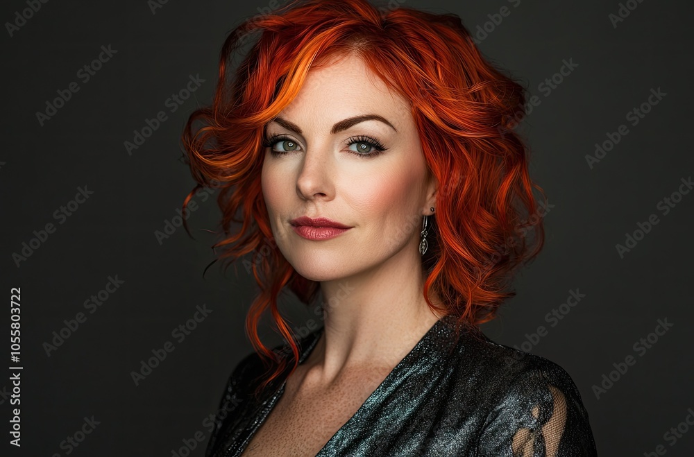 Beautiful woman with red hair in a stylish hairstyle and bright makeup on a dark background. Beautiful woman with red hair in a stylish hairstyle and bright makeup on a dark background.