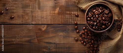 Detail Of Roasted Coffee Beans And Coffee Cup On Wooden Background Burlap Sack Sackcloth Bag With Coffee Beans Top View Copy Space For Text Close Up Coffee Photo