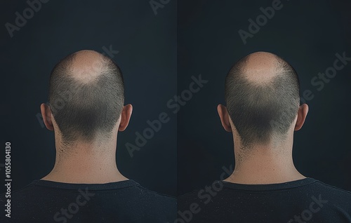 A balding man's head before and after hair transplant surgery. At the beginning, the hair on his head was balding, but then grew thicker and fuller as he progressed to treatment for hair loss.