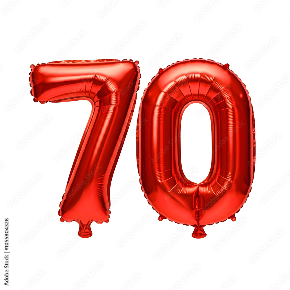 Realistic 3D red number 70 seventy shaped balloon isolated on white background 