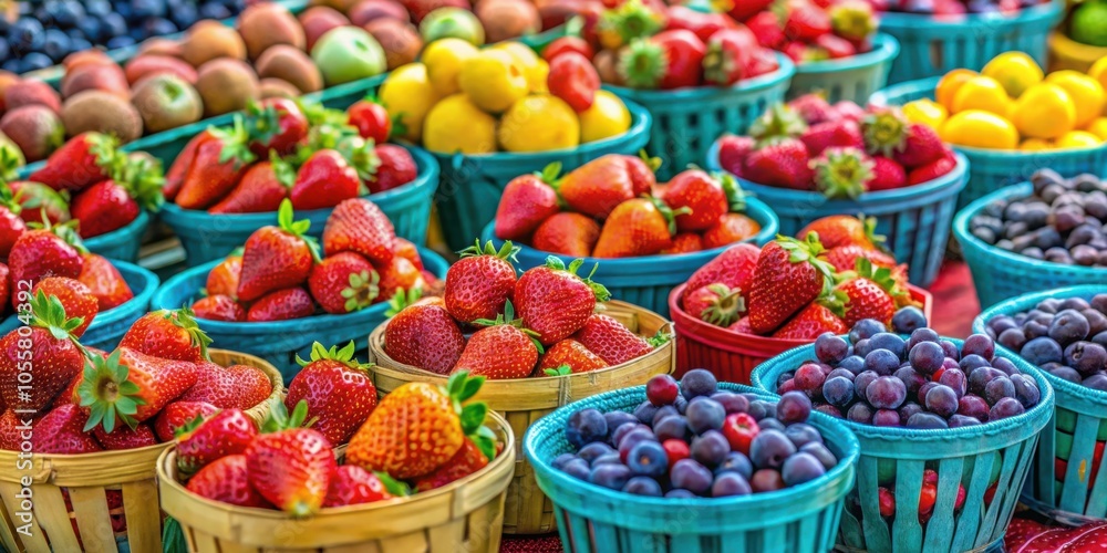 Vibrant Display of Fresh Fruits and Strawberries in Colorful Baskets at Farmer's Market Vibrant Display of Fresh Fruits and Strawberries in Colorful Baskets at Farmer's Market