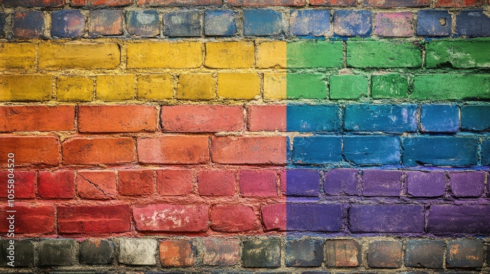 Fototapeta premium Rainbow flag design on a textured surface of aged brick wall
