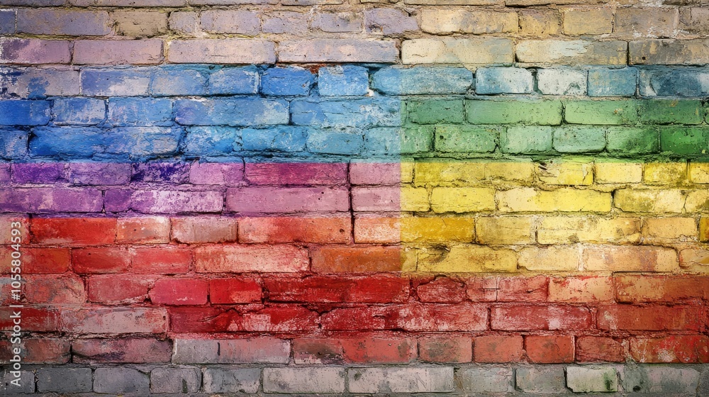 Naklejka premium Rainbow flag design on a textured surface of aged brick wall