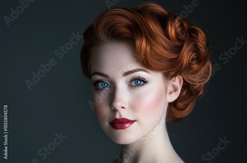 Beautiful woman with red hair in an updo, her hair styled into elegant curls and waves. She has blue eyes and is wearing glossy lipstick.