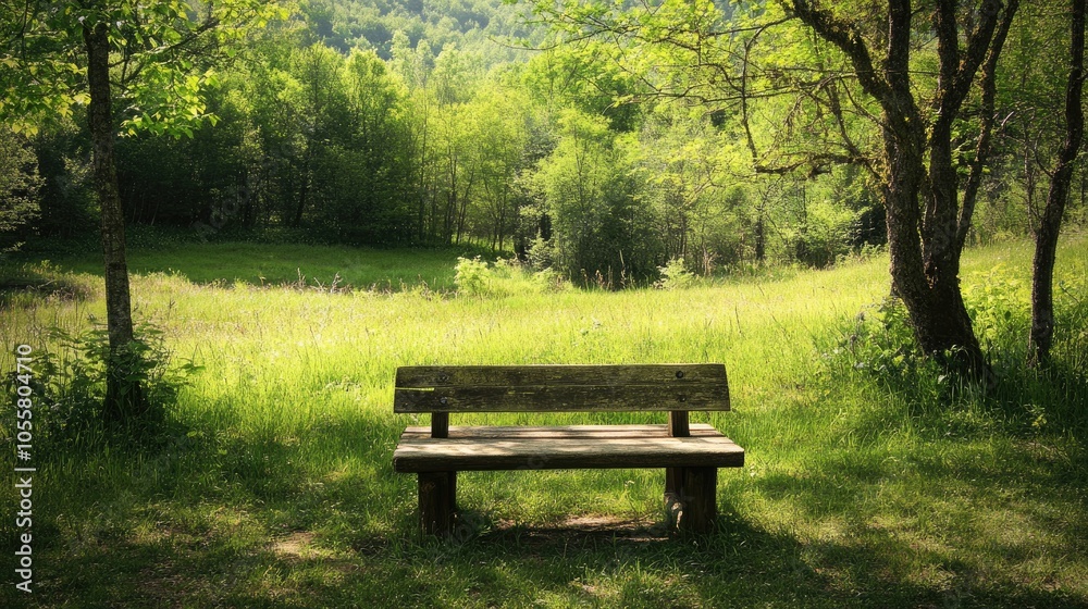 Wooden Bench Surrounded by Lush Grass and Natural Scenery Wooden Bench Surrounded by Lush Grass and Natural Scenery