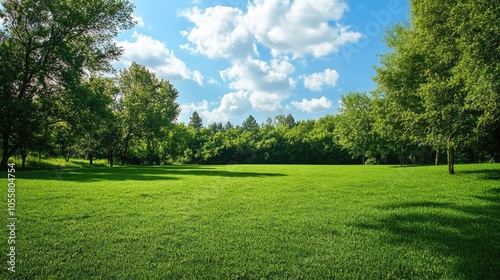 Lush green meadow surrounded by trees under a summer sky
