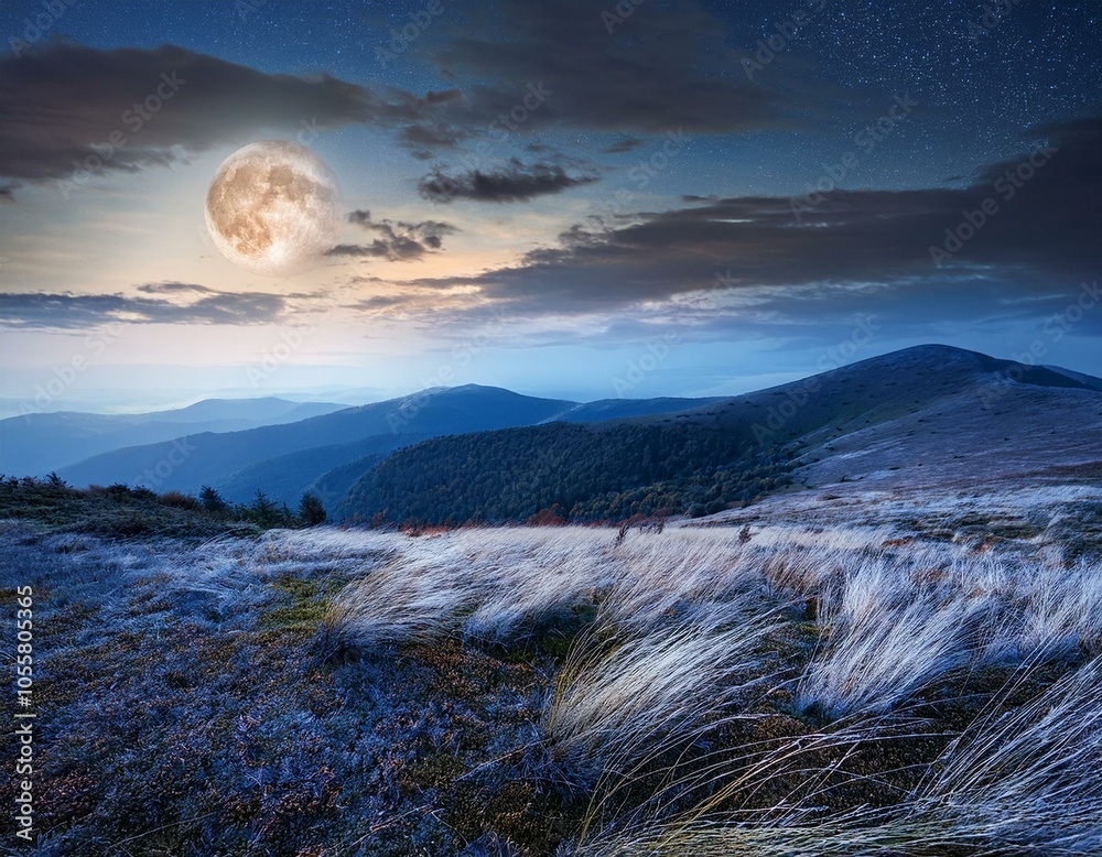 mountain landscape at night. beech forest on the grassy meadow in full moon light. last days of summer. travel and tourism concept mountain landscape at night. beech forest on the grassy meadow in full moon light. last days of summer. travel and tourism concept