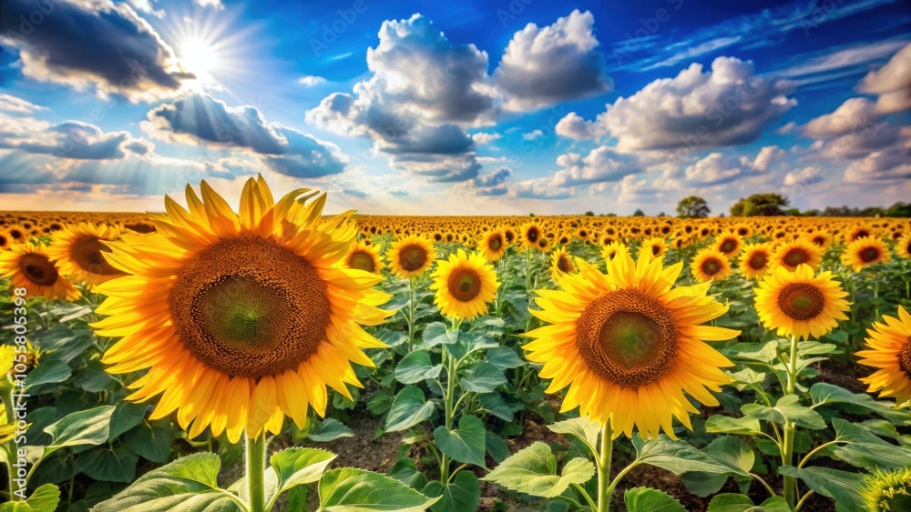 Fototapeta premium Vibrant summer sunflower field under bright sky with yellow petals nature beauty