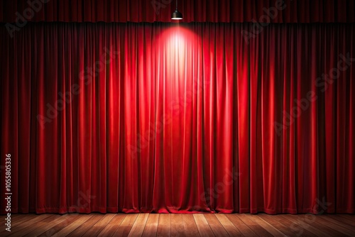 Large red curtain with spotlight and fading into darkness, long shot