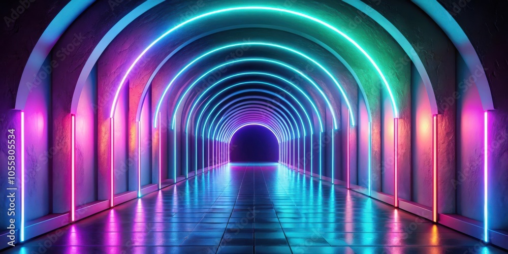 Neon pastel tunnel with abstract shapes and glowing edges in rendering Neon pastel tunnel with abstract shapes and glowing edges in rendering