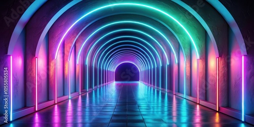 Neon pastel tunnel with abstract shapes and glowing edges in rendering