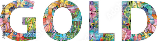 Word GOLD. It is a chemical element. Vector zentangle object for decoration