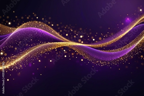 Purple abstract background with golden particles, horizontal composition