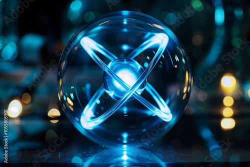 Abstract image of a glowing atomic model with bokeh lights. Generative AI image photo