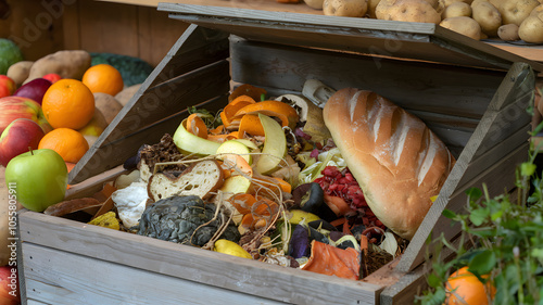 Discarded food scraps in a compost bin surrounded by fresh produce, emphasizing the environmental impact of food waste and the importance of sustainable practices.