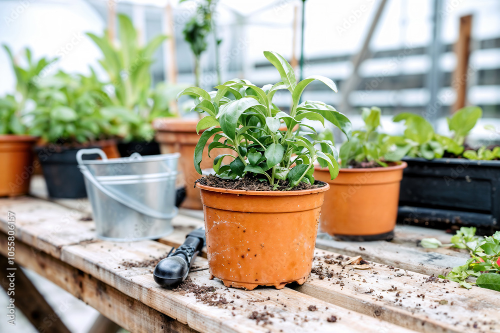 Healthy plants in pots on a wooden table in a greenhouse. Generative AI image Healthy plants in pots on a wooden table in a greenhouse. Generative AI image