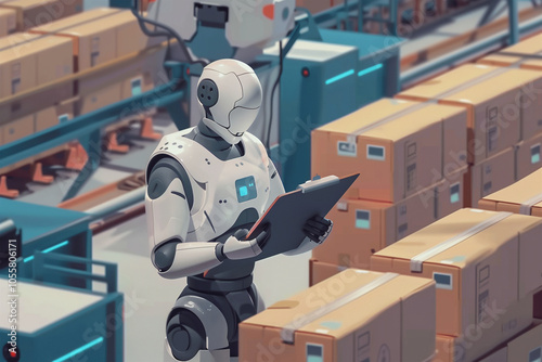 Robot managing logistics in a futuristic warehouse. Generative AI image