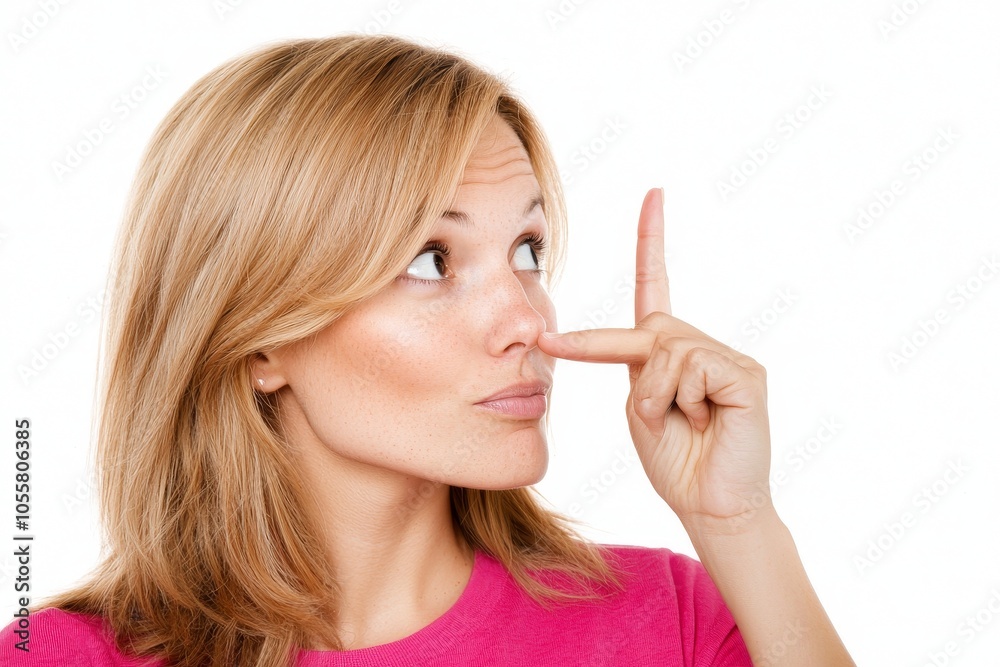 A beautiful young woman touches her nose with a hump on a white background in this profile portrait A beautiful young woman touches her nose with a hump on a white background in this profile portrait
