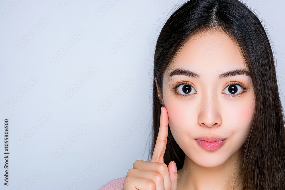 An attractive young woman is pictured touching her nose with a hump on a white background in a profile An attractive young woman is pictured touching her nose with a hump on a white background in a profile