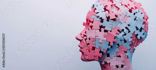 The image is of a human head profile and jigsaw puzzle and shows cognitive psychology and psychotherapy concepts, mental health, brain disorders, personality disorders, and modern line design created