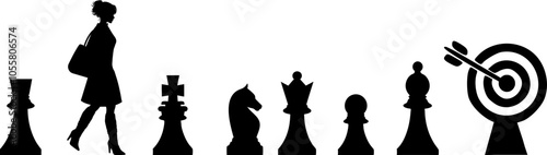 Vektor Silhouetten - Junge Frau geht ihren Weg - Taktik und Strategie zum Ziel - Symbolische Schachfiguren auf dem Weg