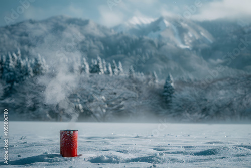 Rote Tasse im verschneiten Winterwunderland