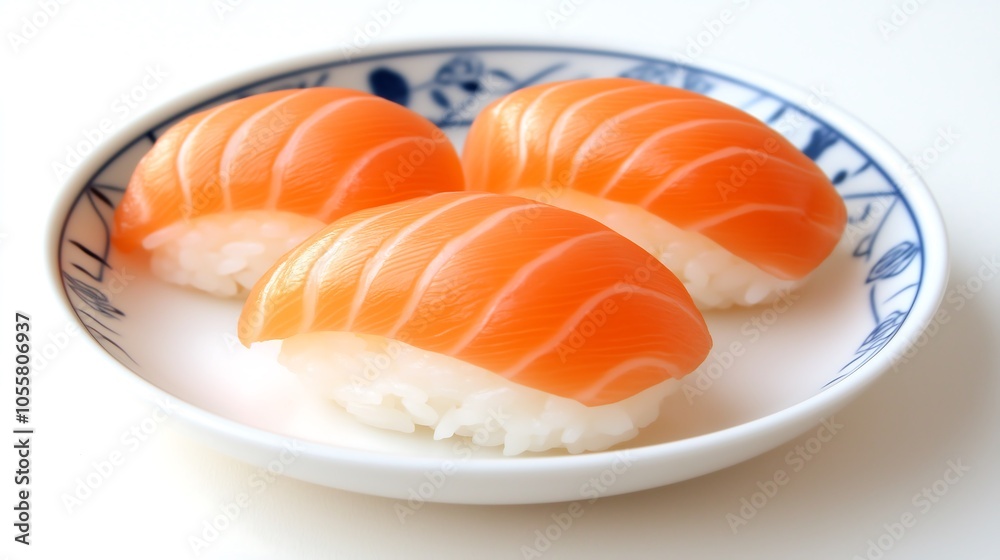 A beautifully arranged plate of salmon sushi, showcasing vibrant orange salmon slices atop perfectly molded sushi rice. A beautifully arranged plate of salmon sushi, showcasing vibrant orange salmon slices atop perfectly molded sushi rice.