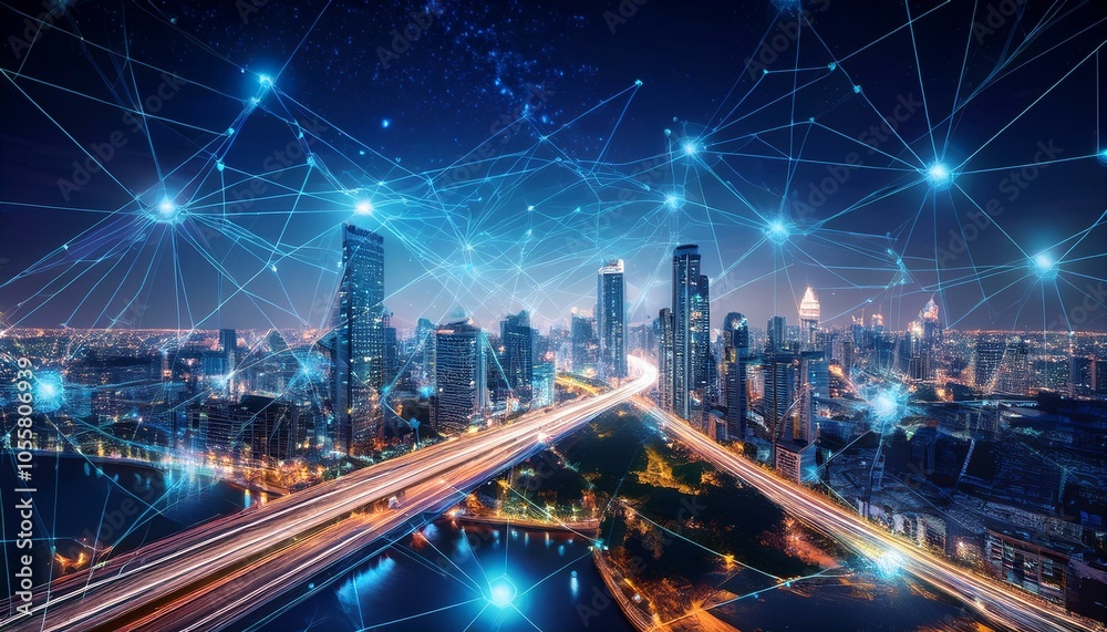 Futuristic cityscape with glowing digital connections in a night sky. Ai generative. Futuristic cityscape with glowing digital connections in a night sky. Ai generative.