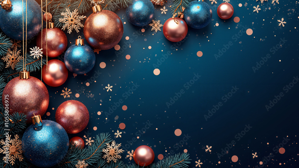Elegant Christmas & New Year Banner: Rose Gold & Blue Baubles on Dark Background for Holiday Marketing Elegant Christmas & New Year Banner: Rose Gold & Blue Baubles on Dark Background for Holiday Marketing