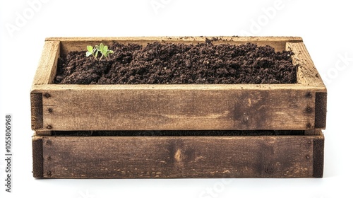 Simple wooden box planter filled with soil, isolated, white background, ready for planting, close-up texture