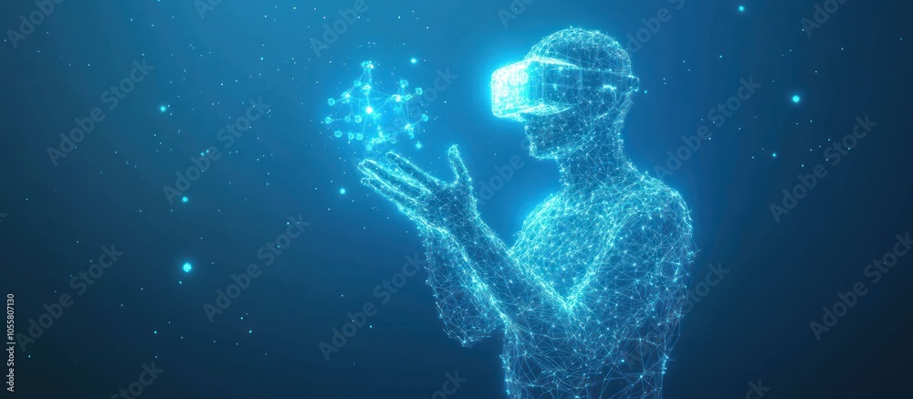man in VR device touching virtual blue model of molecule. Low poly wireframe science man in VR device touching virtual blue model of molecule. Low poly wireframe science