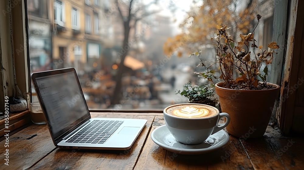 Casual business meeting in a modern coffee shop setting, laptops and notebooks on the table, natural light Casual business meeting in a modern coffee shop setting, laptops and notebooks on the table, natural light