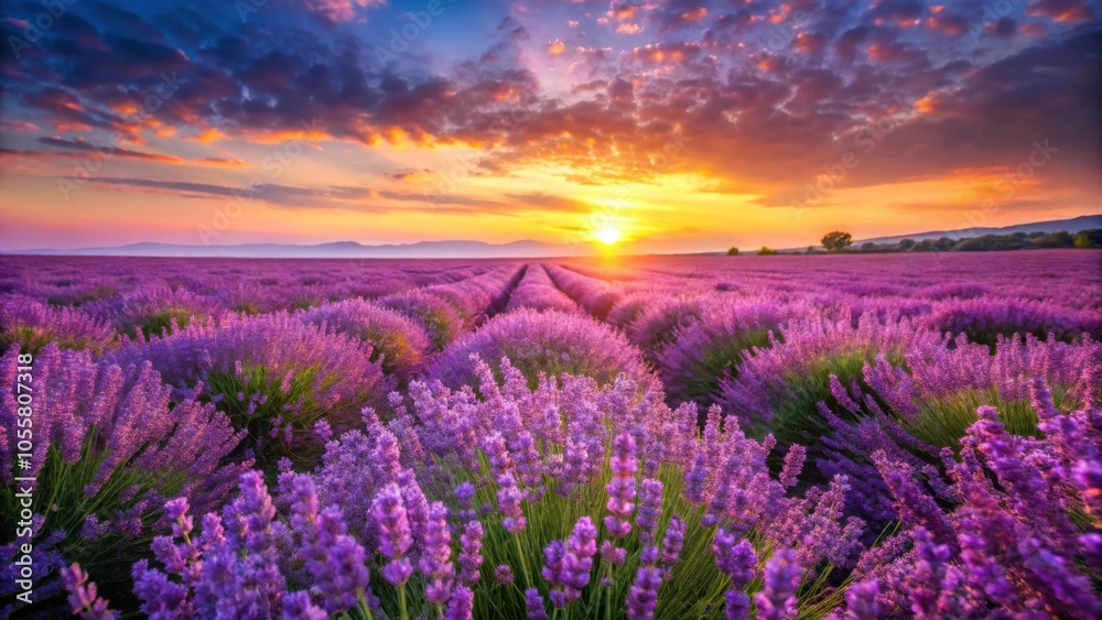 Obraz premium Vibrant Sunrise in Lavender Field with Blooming Purple Flowers Nature Background