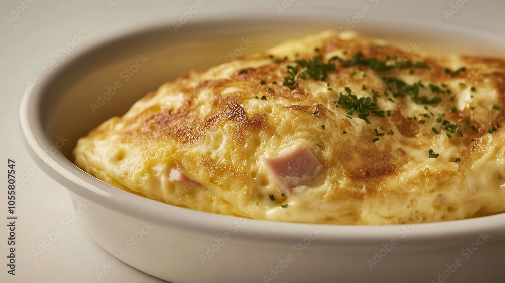 A beautifully presented ham and cheese omelet served in a white ceramic dish, folded perfectly with melted cheese oozing slightly and small pieces of ham visible. A beautifully presented ham and cheese omelet served in a white ceramic dish, folded perfectly with melted cheese oozing slightly and small pieces of ham visible.
