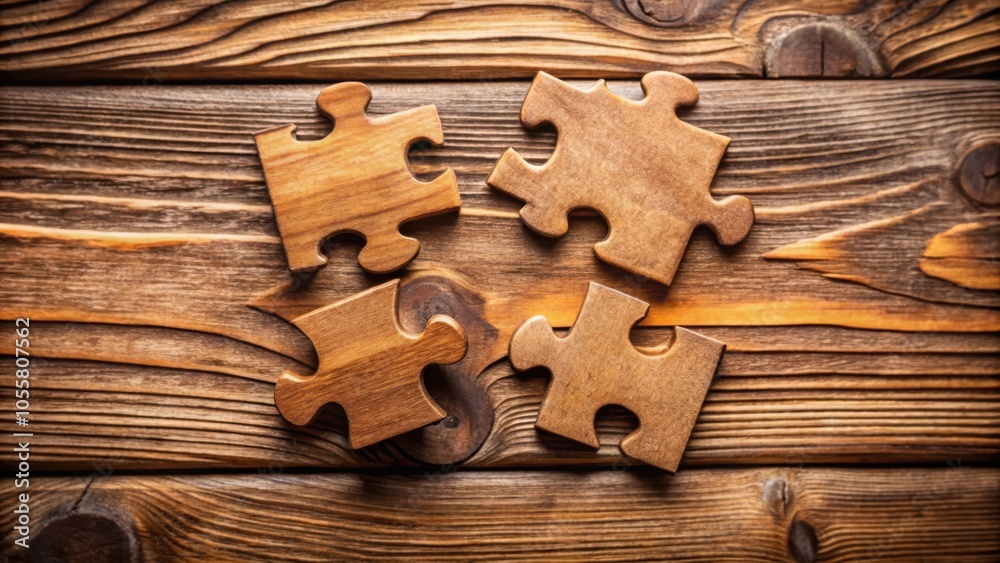Four interconnected brown puzzle pieces on wooden table background with copy space Four interconnected brown puzzle pieces on wooden table background with copy space