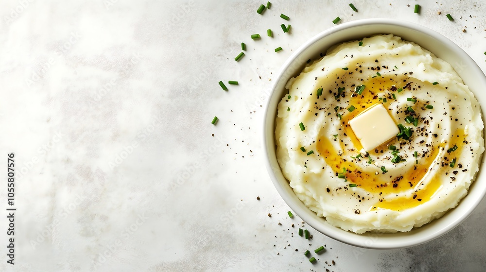 A beautifully presented serving of mashed potatoes in a white ceramic bowl, garnished with a pat of melting butter, a sprinkle of chopped chives, and light pepper seasoning. A beautifully presented serving of mashed potatoes in a white ceramic bowl, garnished with a pat of melting butter, a sprinkle of chopped chives, and light pepper seasoning.