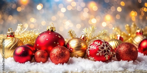 Christmas balls and tinsel with snowflakes on a snowy background for the holiday season