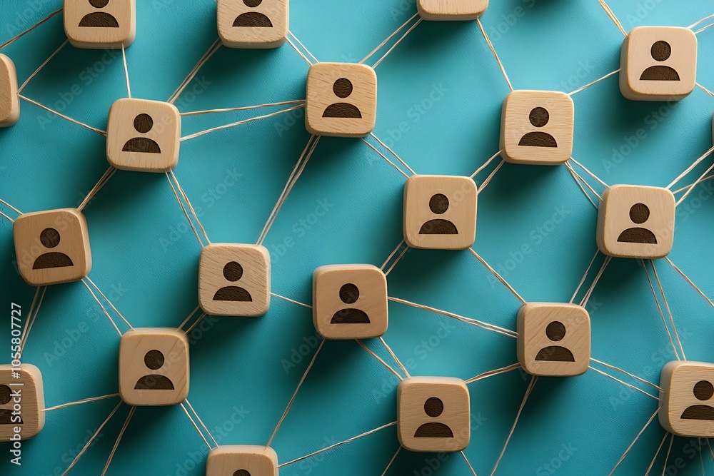 Connected Individuals Teamwork and Interdependence Network on Blue Background Connected Individuals Teamwork and Interdependence Network on Blue Background