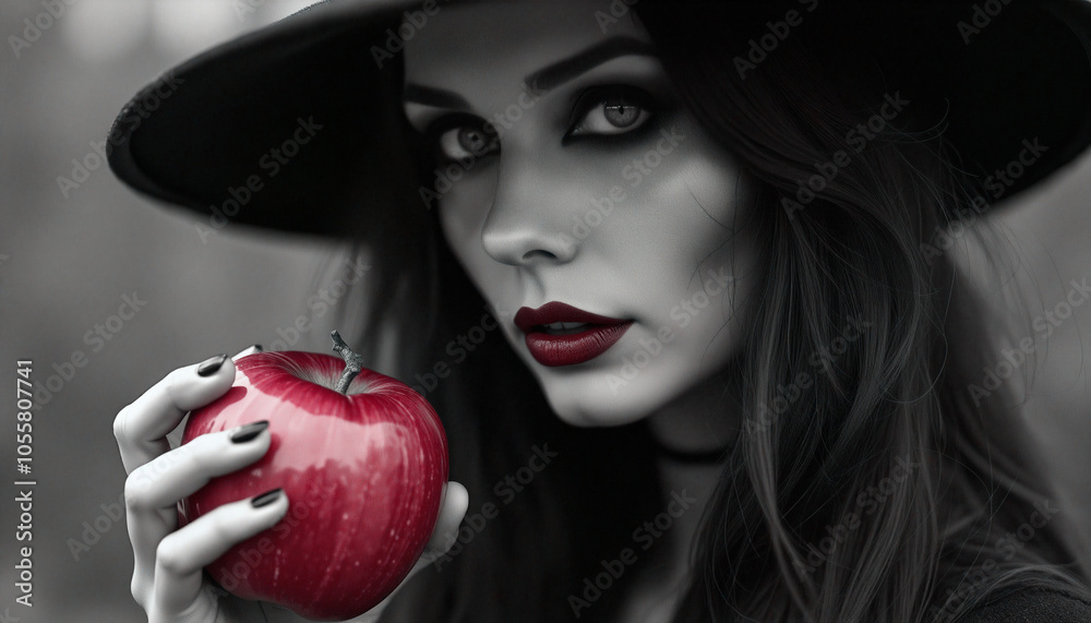 A woman in a witches hat holds a red apple A woman in a witches hat holds a red apple