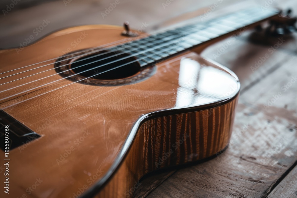 This close-up of an acoustic guitar on wooden floorboards exudes rich textures and resonates with classic musical charm in natural lighting. This close-up of an acoustic guitar on wooden floorboards exudes rich textures and resonates with classic musical charm in natural lighting.