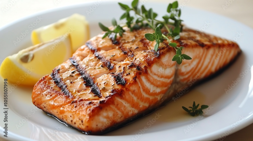 A beautifully plated grilled salmon steak arranged on a stylish plate, garnished with a sprig of fresh herbs and accompanied by a few lemon wedges. A beautifully plated grilled salmon steak arranged on a stylish plate, garnished with a sprig of fresh herbs and accompanied by a few lemon wedges.